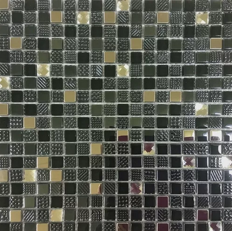 Malla o Mosaico Decorativo de vidrio PAL, medida 30 x 30 cms. (base por altura). Diseño en negro y plata con detalles en relieve. Caja de 5 piezas.