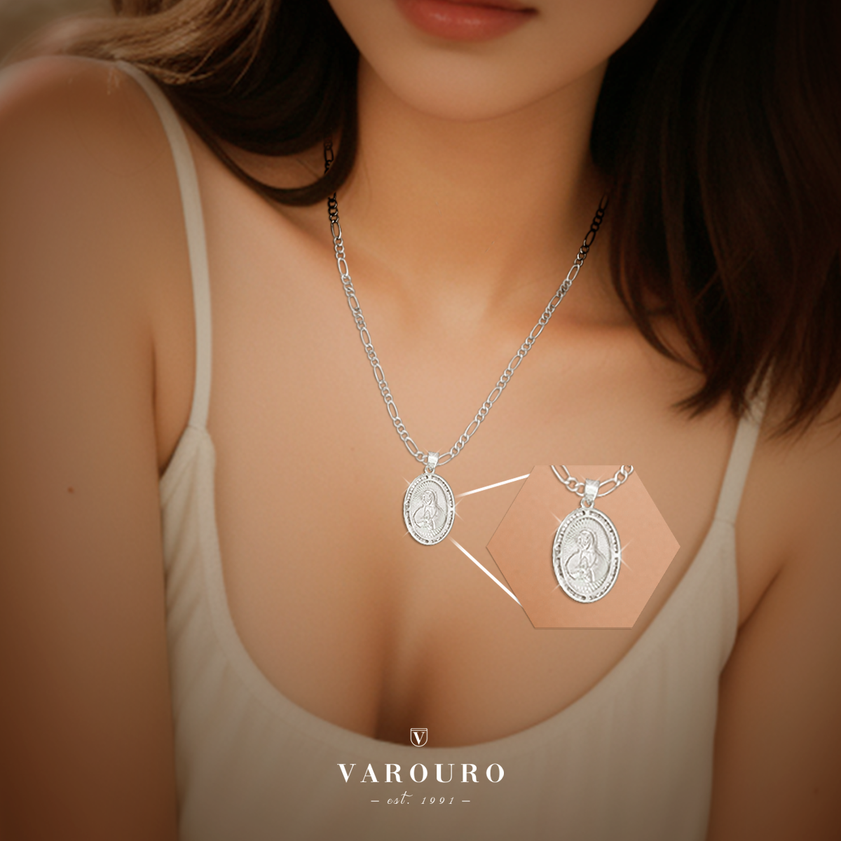 Dije Virgen Guadalupe Oval Con Cadena 50cm - 2.8mm Plata 925