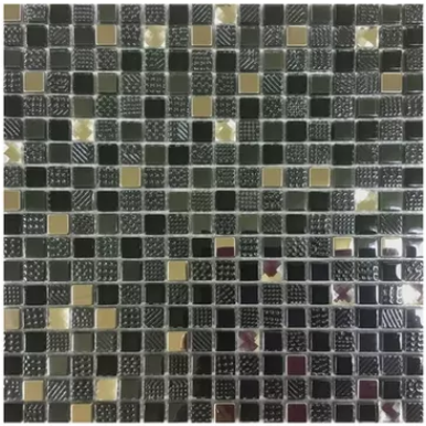 Malla o Mosaico Decorativo de vidrio PAL, medida 30 x 30 cms. (base por altura). Diseño en negro y plata con detalles en relieve. Caja de 5 piezas.