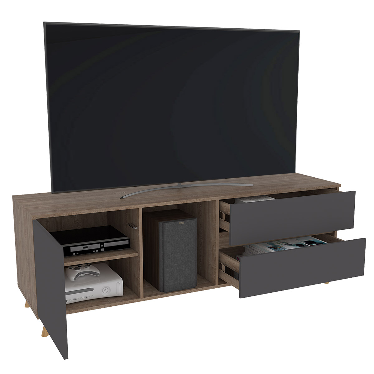 MUEBLE PARA TV ARMABLE TIPO RACK IDEAL PARA PANTALLA DE 65" CON TRES ENTREPAÑOS Y DOS CAJONES MODELO SALEM