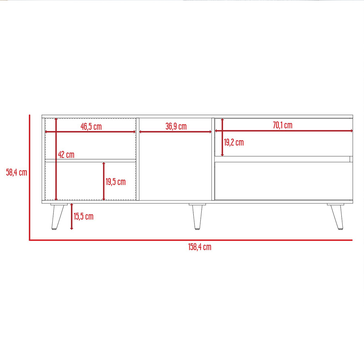 MUEBLE PARA TV ARMABLE TIPO RACK IDEAL PARA PANTALLA DE 65" CON TRES ENTREPAÑOS Y DOS CAJONES MODELO SALEM