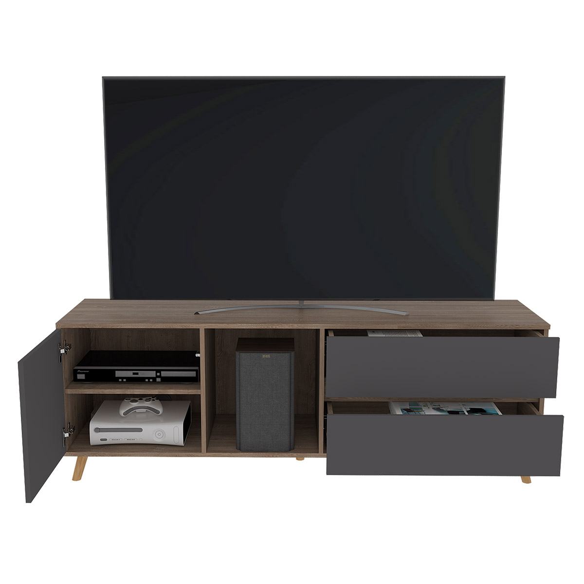 MUEBLE PARA TV ARMABLE TIPO RACK IDEAL PARA PANTALLA DE 65" CON TRES ENTREPAÑOS Y DOS CAJONES MODELO SALEM