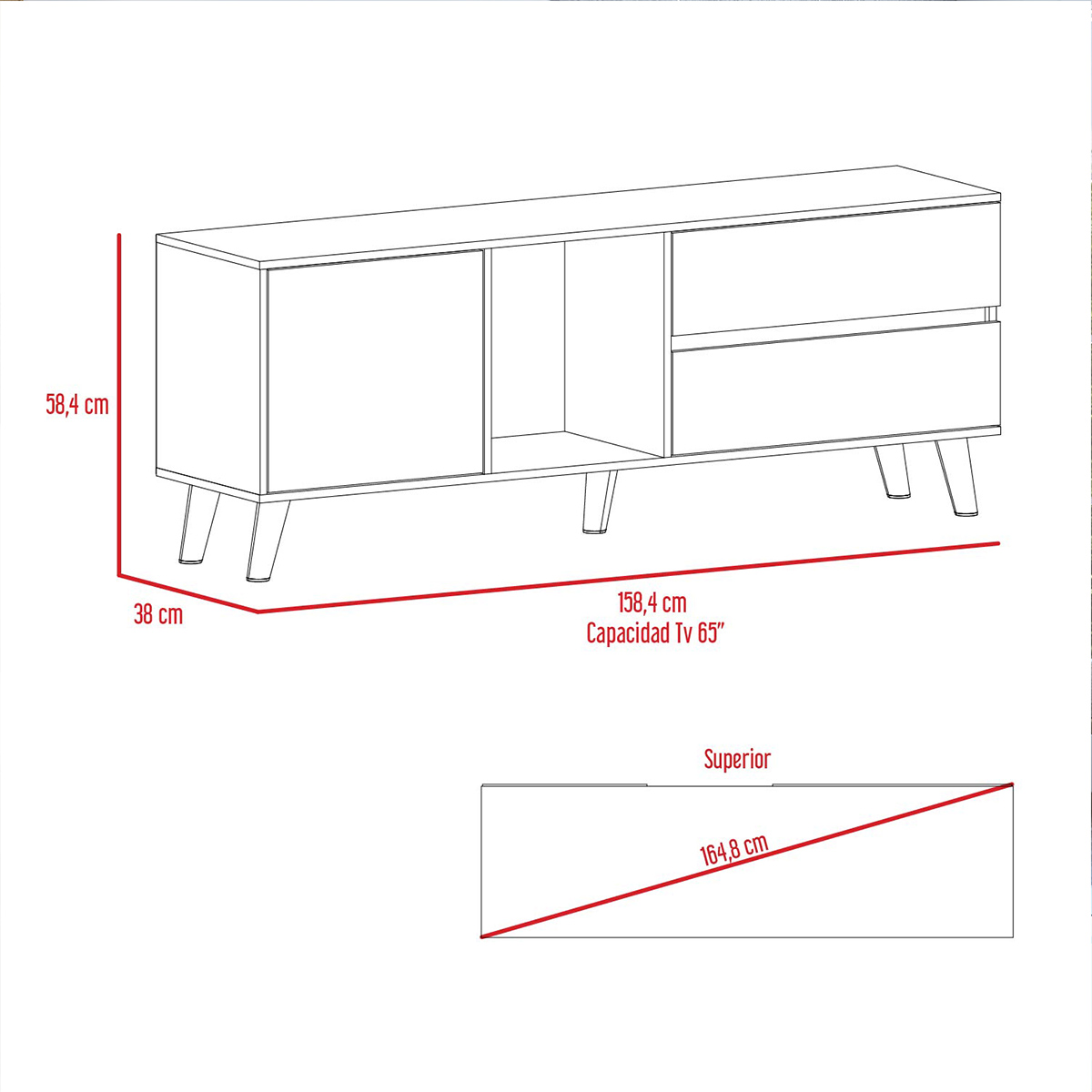 MUEBLE PARA TV ARMABLE TIPO RACK IDEAL PARA PANTALLA DE 65" CON TRES ENTREPAÑOS Y DOS CAJONES MODELO SALEM
