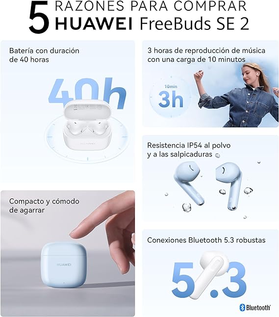 HUAWEI FreeBuds SE 2 (Garantía en México)- Auriculares 40 Horas de Batería, Protección IP54 contra el Polvo y Las Salpicaduras, Bluetooth 5.3, iOS y Android, Audifonos Inalambricos, Azul Glacial