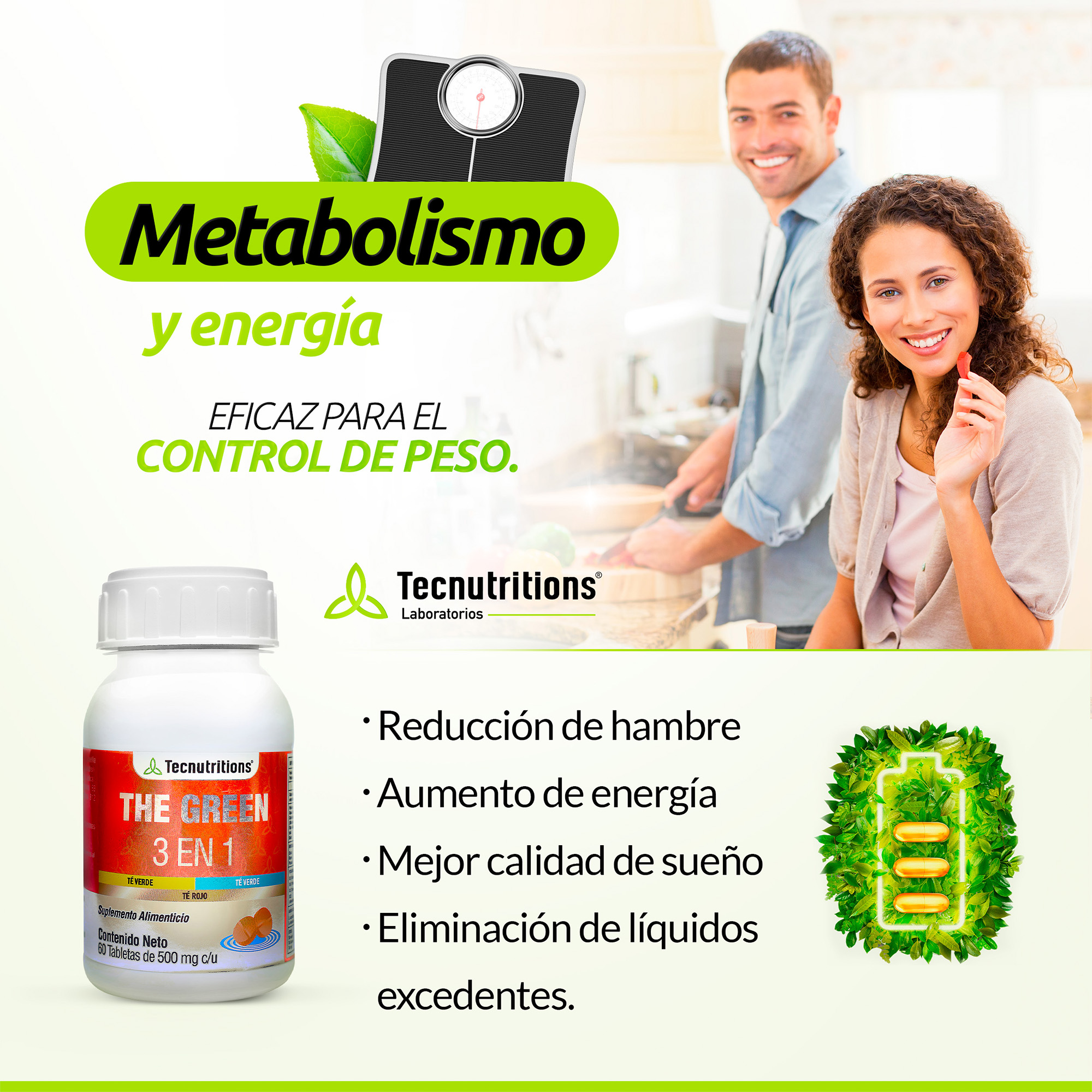 Suplemento Té Verde, The Green 3 En 1, Tecnutritions® Metabolismo