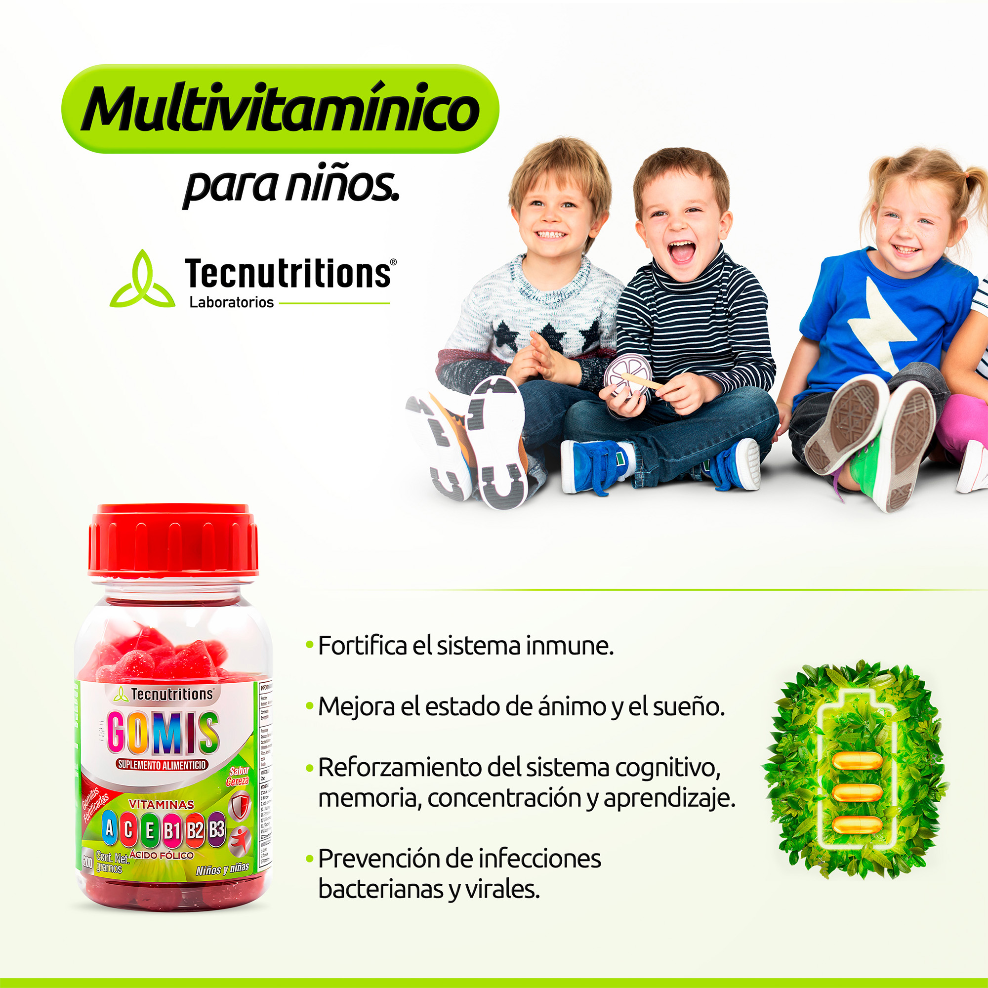 Suplemento Vitaminas Para Niños En Gomitas, Tecnutritions® sistema inmunológico