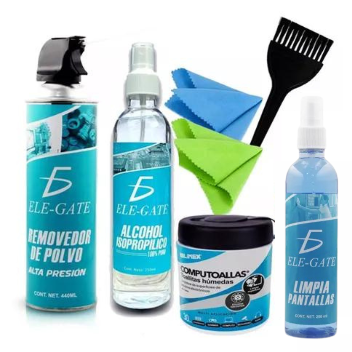 Aire Comprimido 440 Ml. Toallas Húmedas, Espuma, Alcohol Isopropílico 250ml, Limpiador de pantallas, Paños, Cepillo Antiestatico