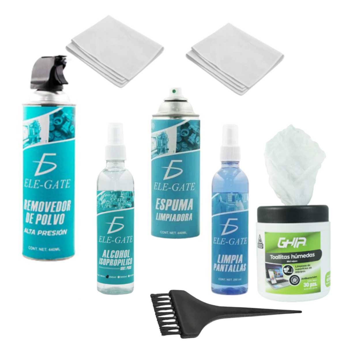 Aire Comprimido 440 Ml. Toallas Húmedas, Espuma, Alcohol Isopropílico 250ml, Limpiador de pantallas, Paños, Cepillo Antiestatico