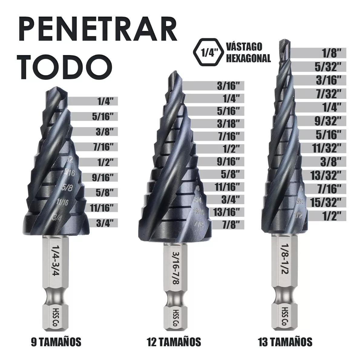 Juego De Brocas Escalonada De Acero Hss M35 Para Metal, 3pz