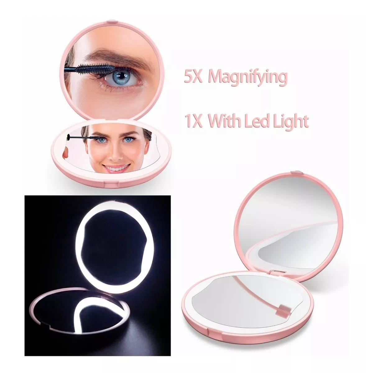 Espejo Para Maquillaje Luz Led Bolsillo Portatil 1x5 Aumento Rosa