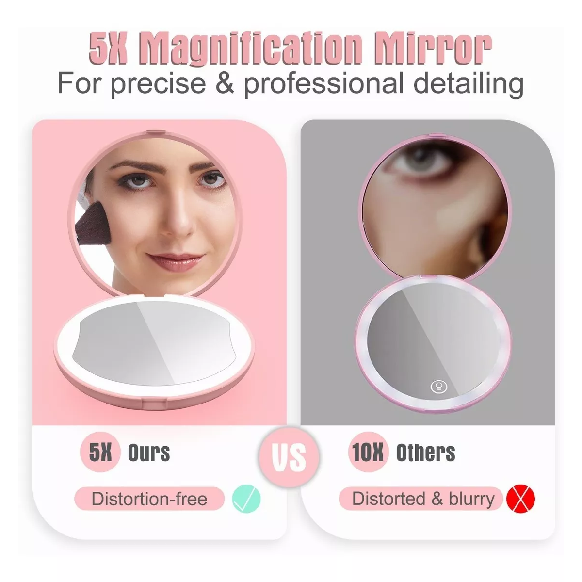 Espejo Para Maquillaje Luz Led Bolsillo Portatil 1x5 Aumento Rosa