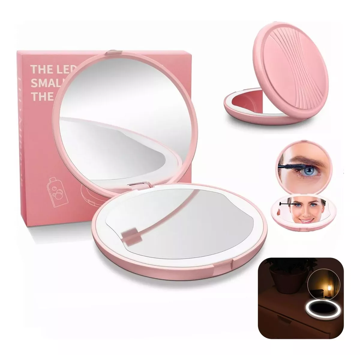 Espejo Para Maquillaje Luz Led Bolsillo Portatil 1x5 Aumento Rosa