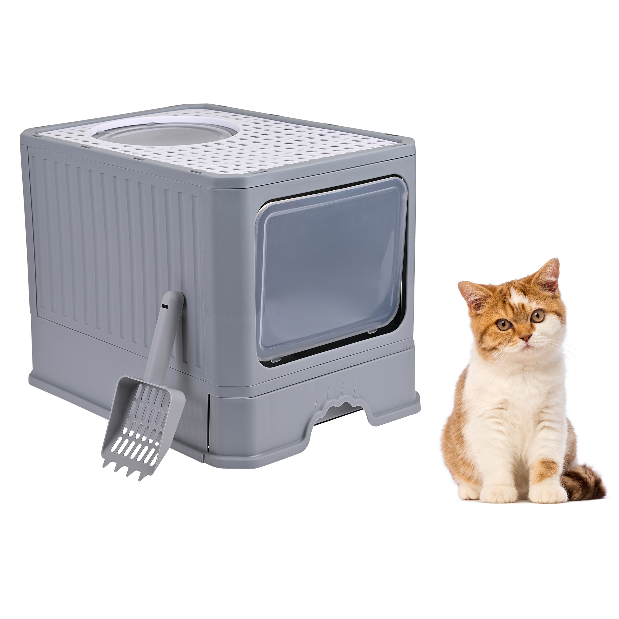 Arenero Para Gato, Caja, Bandeja Sanitaria Extraible, Tamaño Grande Cerrado, Doble Entrada, Incluye Pala y Filtro, Excelente Material Resistente. MOD: AL002