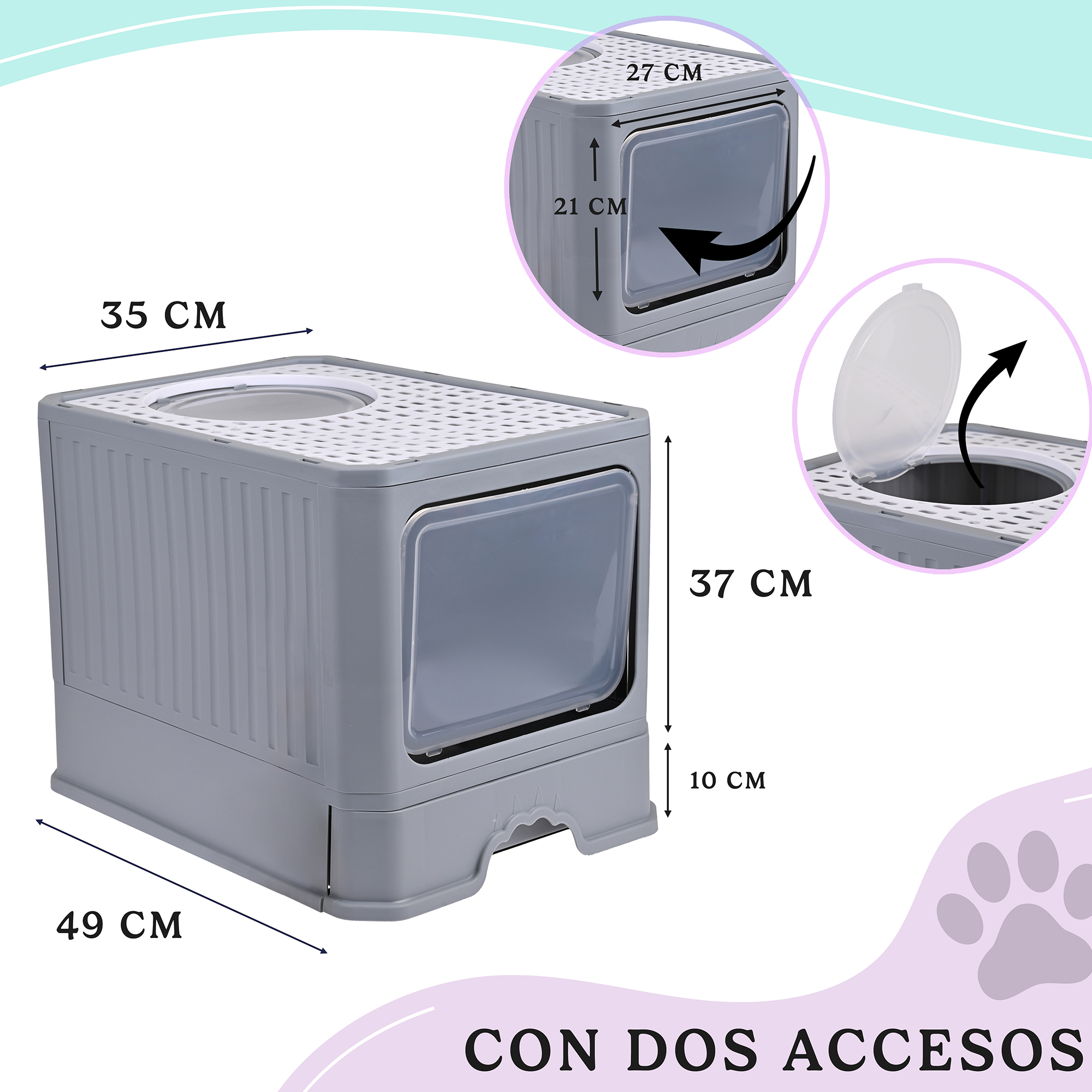 Arenero Para Gato, Caja, Bandeja Sanitaria Extraible, Tamaño Grande Cerrado, Doble Entrada, Incluye Pala y Filtro, Excelente Material Resistente. MOD: AL002