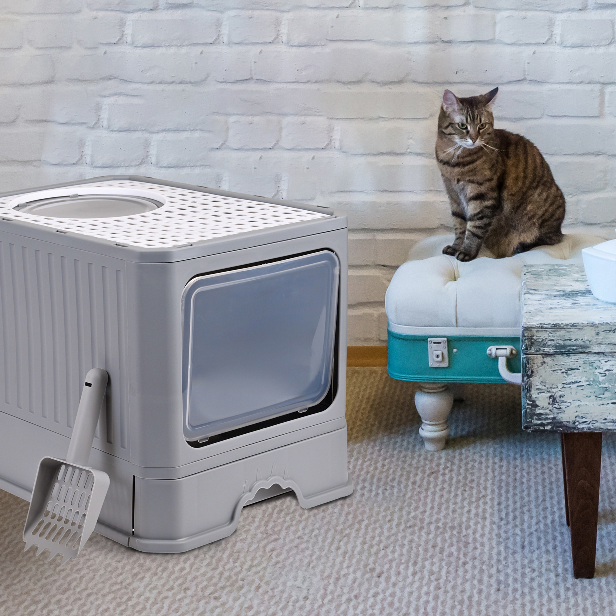 Arenero Para Gato, Caja, Bandeja Sanitaria Extraible, Tamaño Grande Cerrado, Doble Entrada, Incluye Pala y Filtro, Excelente Material Resistente. MOD: AL002