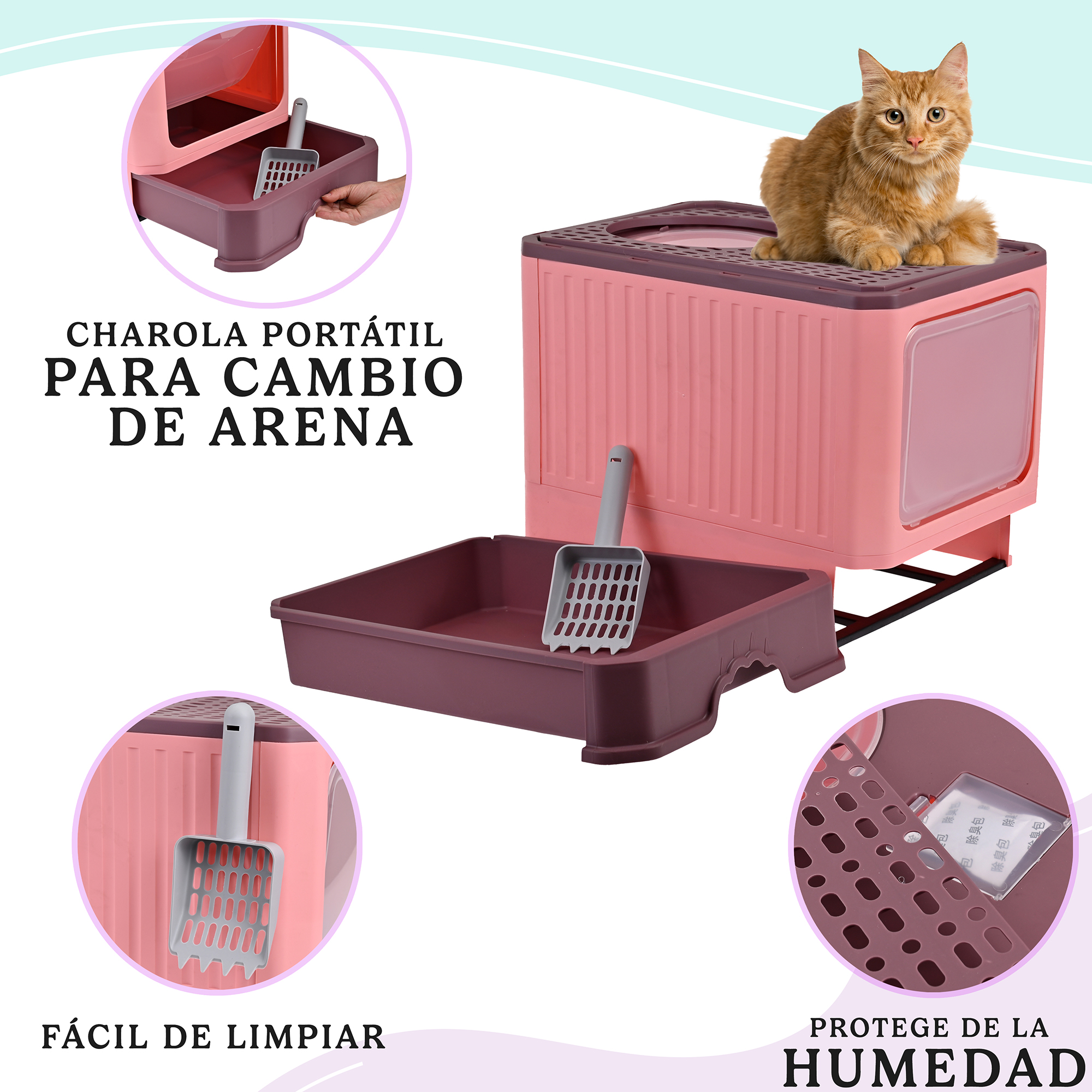 Arenero Para Gato, Caja, Bandeja Sanitaria Extraíble, Tamaño Grande Cerrado, Doble Entrada, Incluye Pala y Filtro, Excelente Material Resistente. MOD: AL002