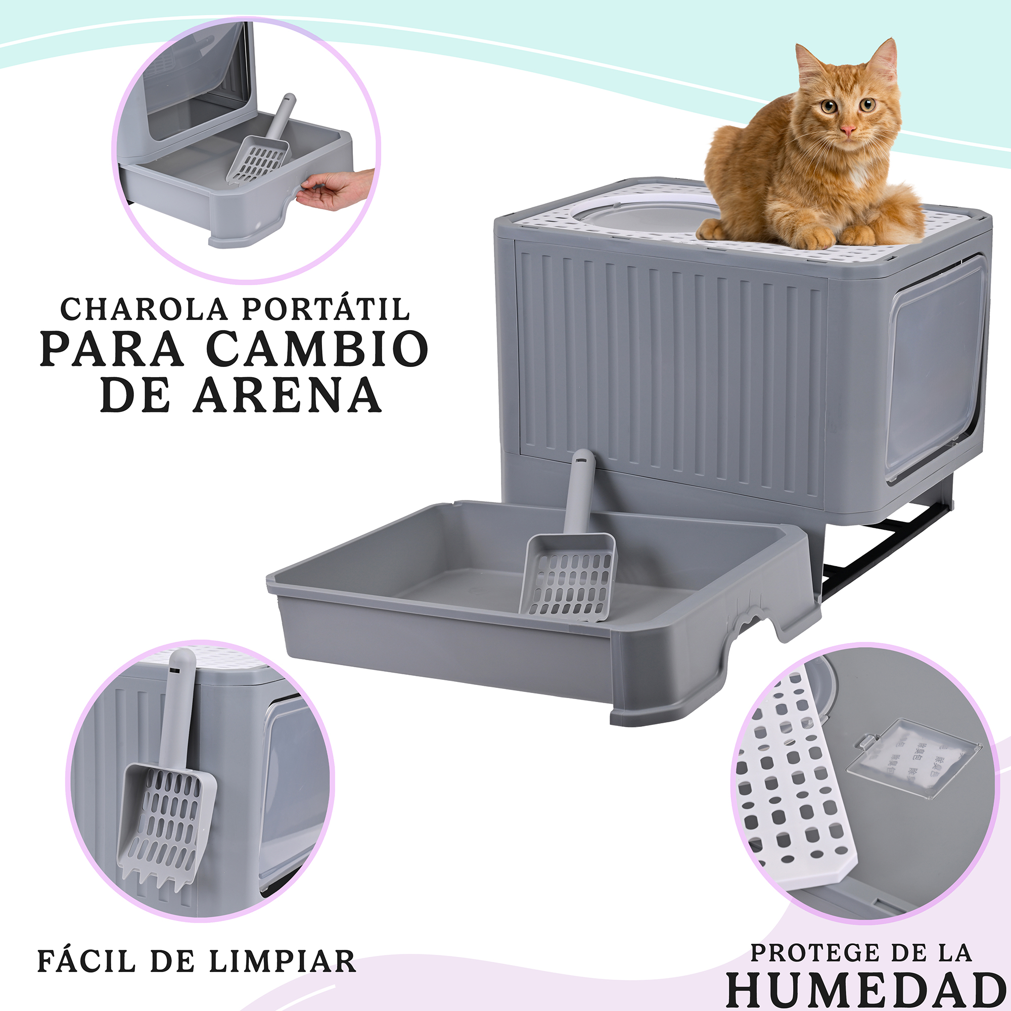 Arenero Para Gato, Caja, Bandeja Sanitaria Extraible, Tamaño Grande Cerrado, Doble Entrada, Incluye Pala y Filtro, Excelente Material Resistente. MOD: AL002