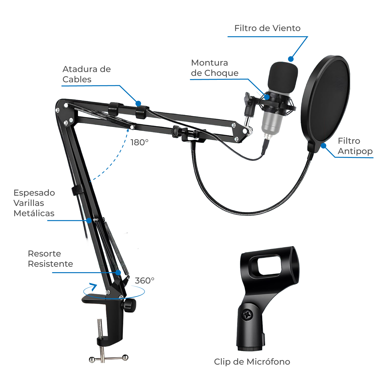 Kit Soporte Brazo para Micrófono Zonar con Accesorios Completos Podcast Streaming