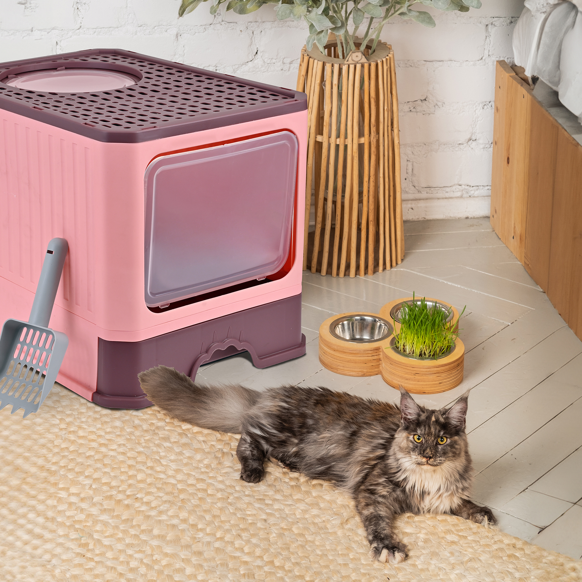 Arenero Para Gato, Caja, Bandeja Sanitaria Extraíble, Tamaño Grande Cerrado, Doble Entrada, Incluye Pala y Filtro, Excelente Material Resistente. MOD: AL002