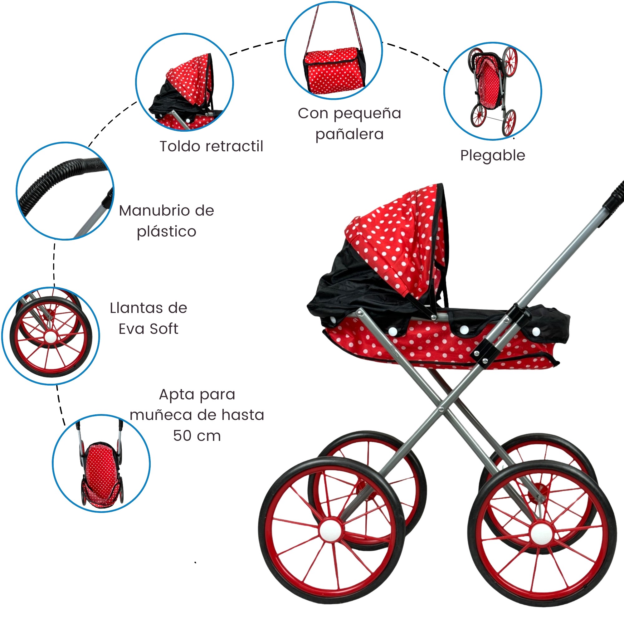 Carriola para Muñecas de Juguete Niñas,Pañalera,Toldo,Plegable - Rojo.