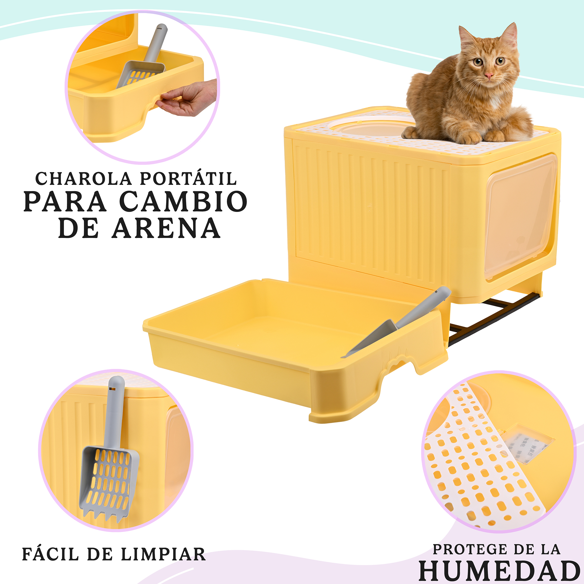 Arenero Para Gato, Caja, Bandeja Sanitaria Extraíble, Tamaño Grande Cerrado, Doble Entrada, Incluye Pala y Filtro, Excelente Material Resistente. MOD: AL002