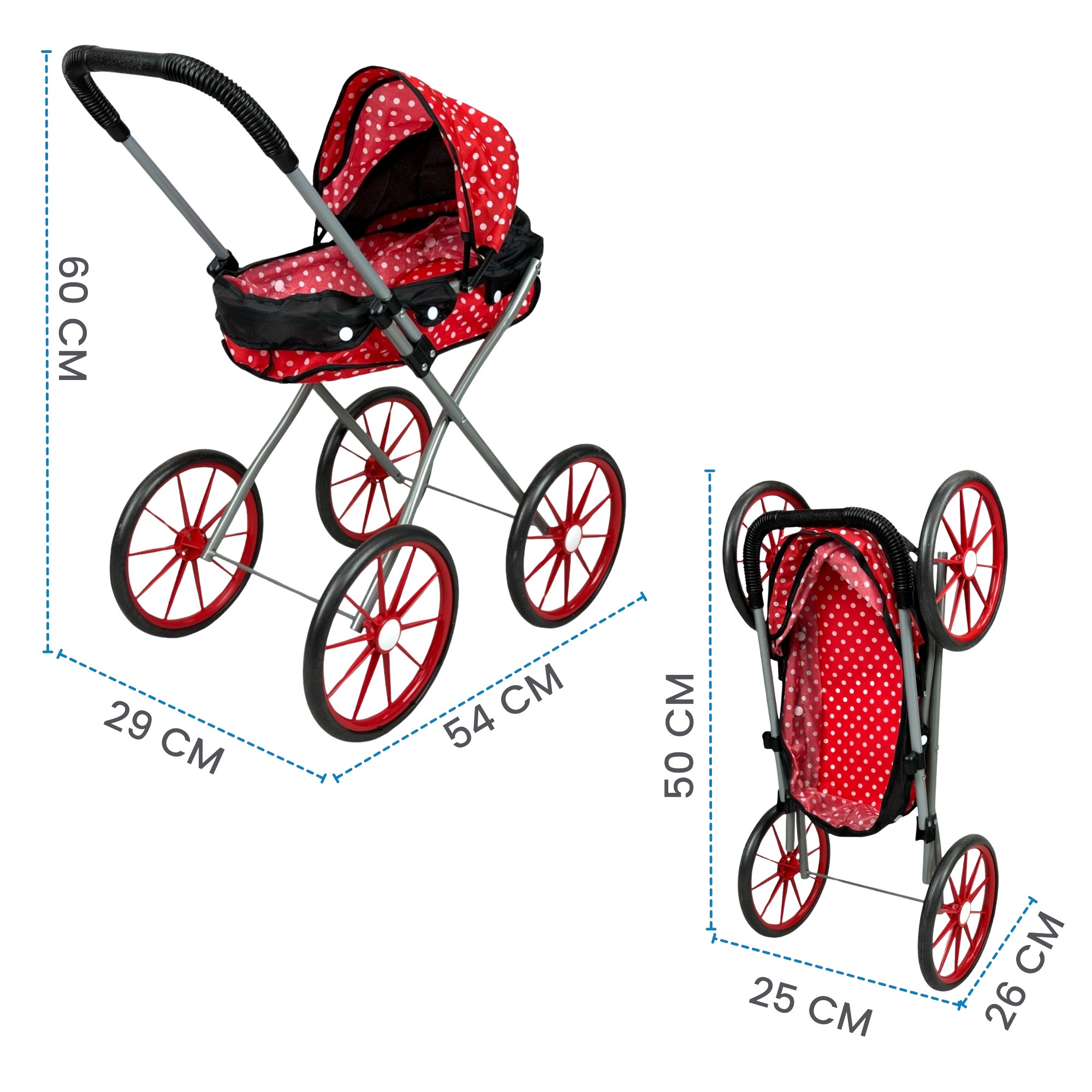 Carriola para Muñecas de Juguete Niñas,Pañalera,Toldo,Plegable - Rojo.