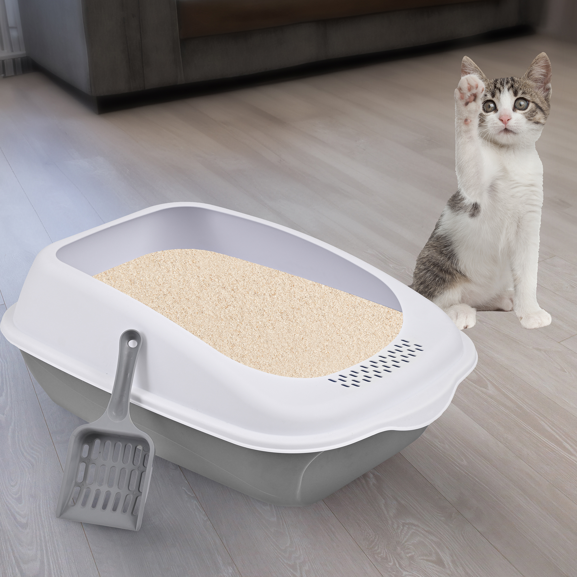 Arenero Para Gato Grande con Bandeja Sanitaria, Abierto, Plegable, Fácil Armado, Materiales De Calidad, Diferentes Colores mod.AL003