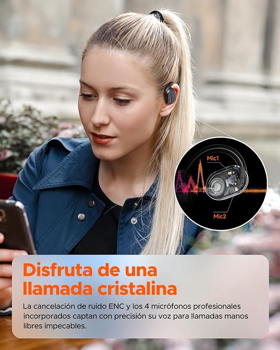 TRUEFREE Open-Ear Audífonos Bluetooth 5.3, Audífonos Inalámbricos Deportivos,Cancelación de ruido ENC, Sonido Estéreo 3D por Controlador de 16,2 mm, 45 horas de reproducción, llamadas claras de 4 mics
