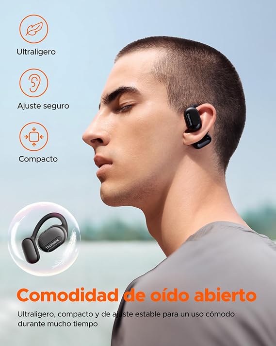 TRUEFREE Open-Ear Audífonos Bluetooth 5.3, Audífonos Inalámbricos Deportivos,Cancelación de ruido ENC, Sonido Estéreo 3D por Controlador de 16,2 mm, 45 horas de reproducción, llamadas claras de 4 mics