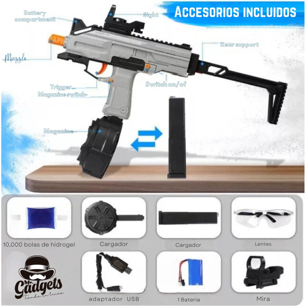 Uzi Pro Ametralladora Hidrogel Cargador Eléctrico Blaster,Gel Blaster, Juego de Equipo Disparo de Proyectiles de Hidrogel, Batería Recargable.