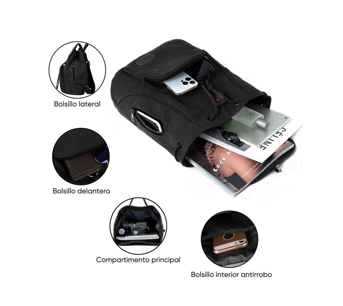 Mochila De Lona Moda Impermeable De Gran Capacidad negra .