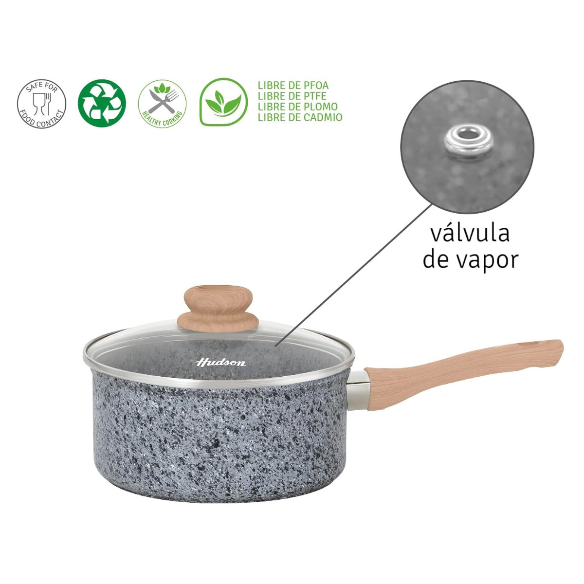 Olla HUDSON 20cm Aluminio Forjado espesor 4mm Antiadherente Granito con tapa cristal y cucharon nylon.