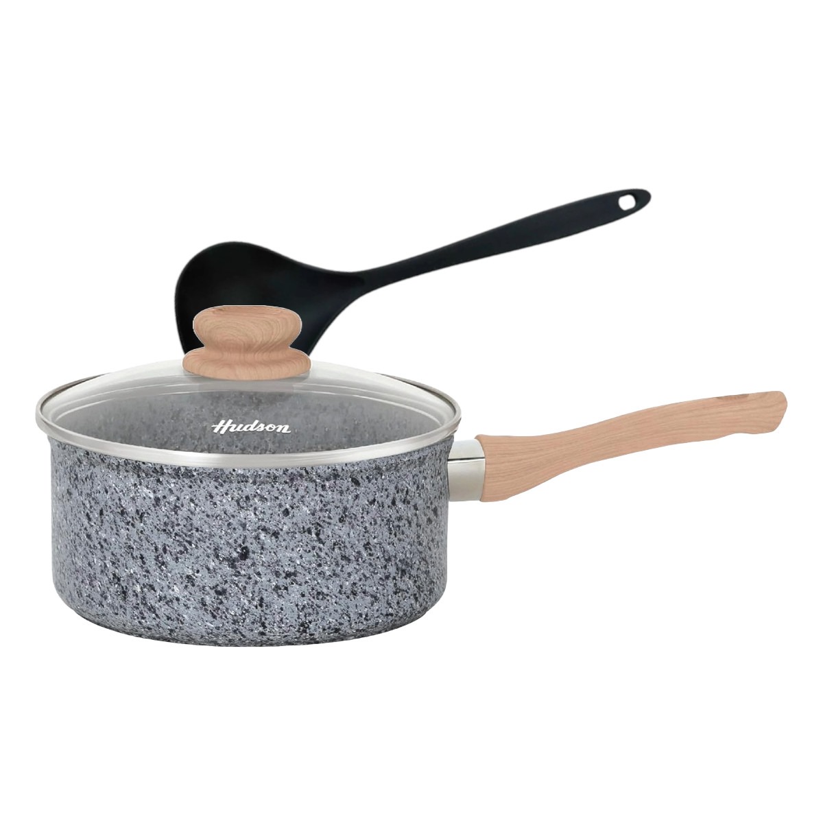 Olla HUDSON 20cm Aluminio Forjado espesor 4mm Antiadherente Granito con tapa cristal y cucharon nylon.