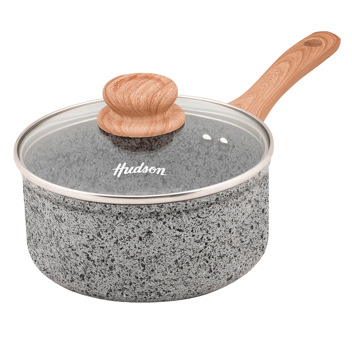 Olla HUDSON 20cm Aluminio Forjado espesor 4mm Antiadherente Granito con tapa cristal y cucharon nylon.