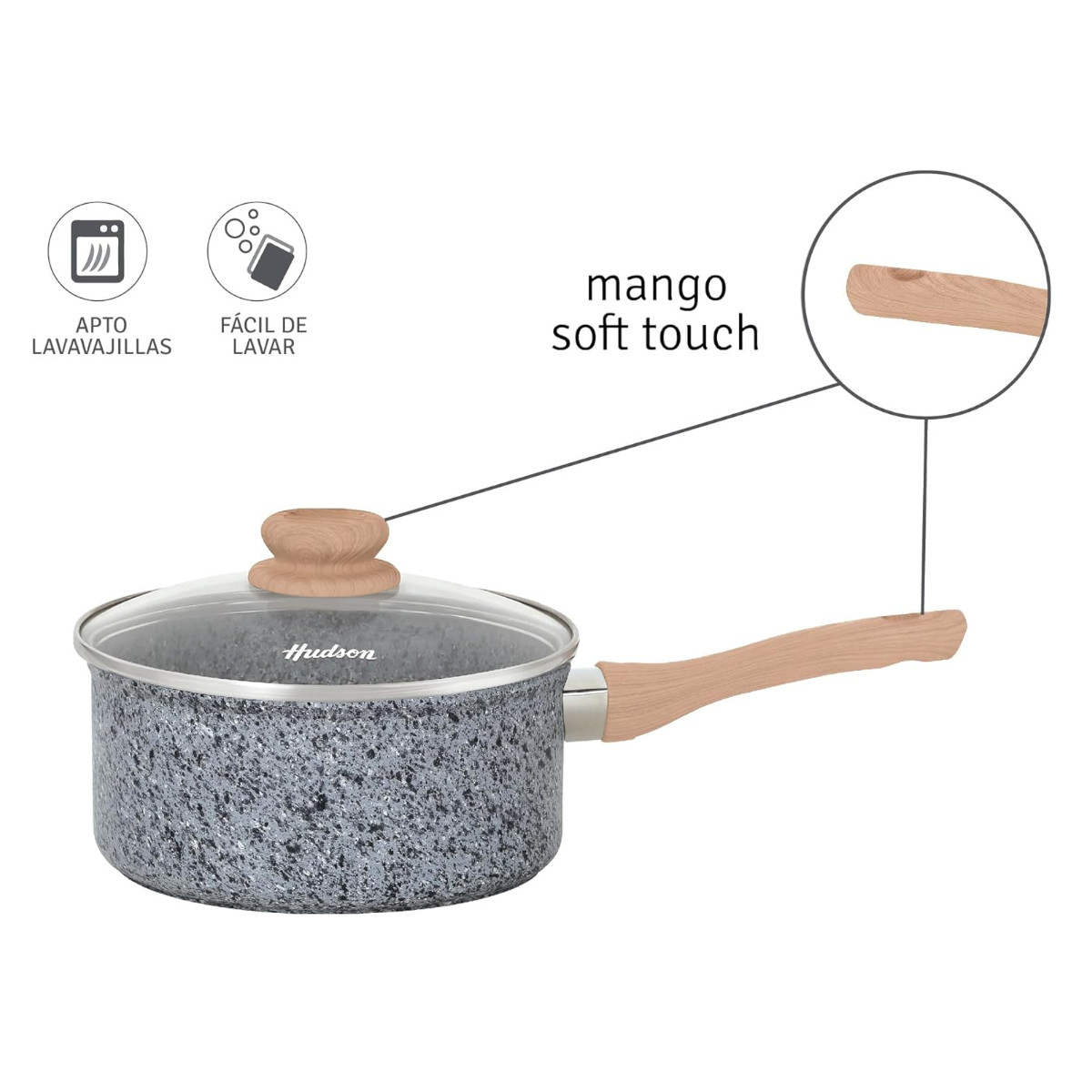 Olla HUDSON 20cm Aluminio Forjado espesor 4mm Antiadherente Granito con tapa cristal y cucharon nylon.