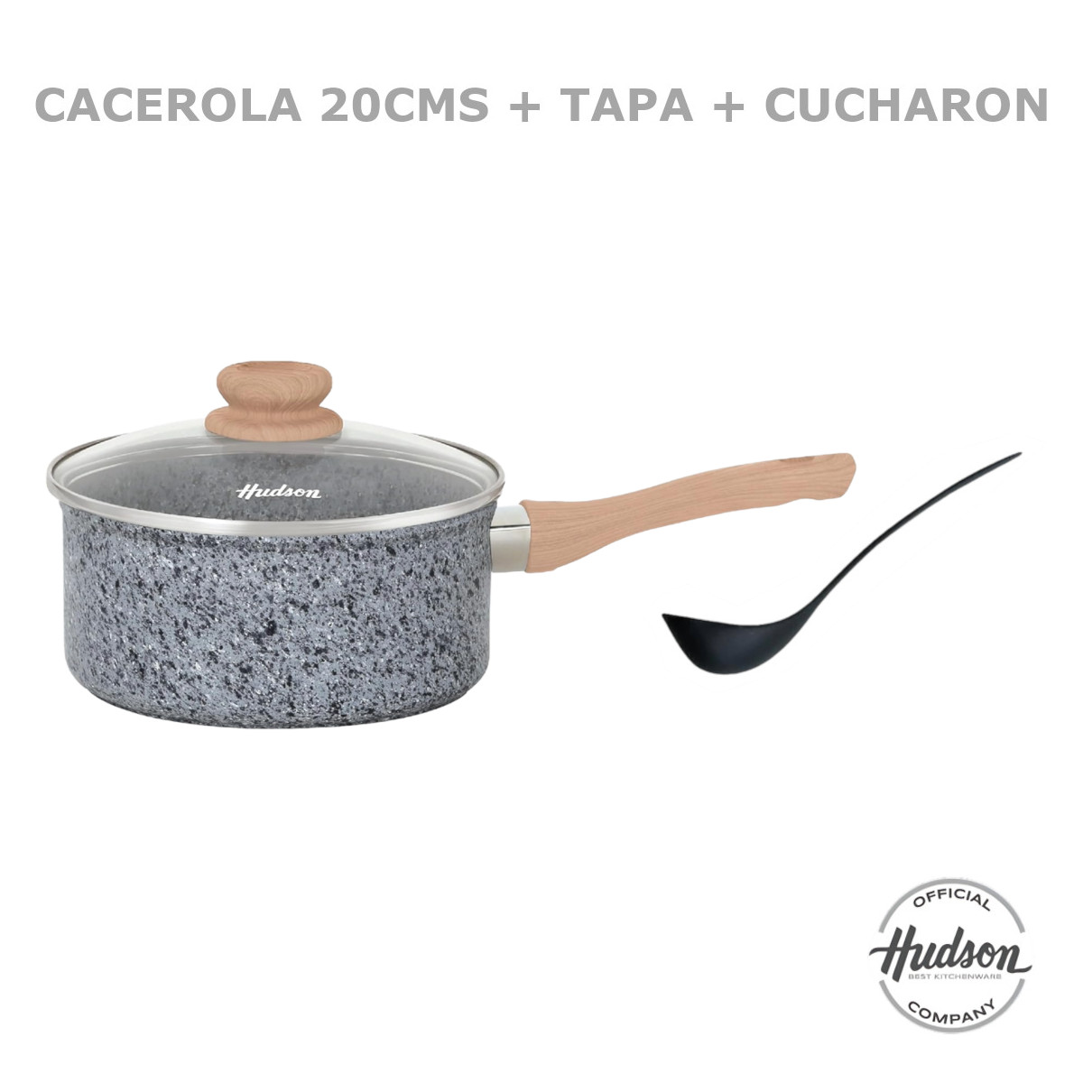 Olla HUDSON 20cm Aluminio Forjado espesor 4mm Antiadherente Granito con tapa cristal y cucharon nylon.