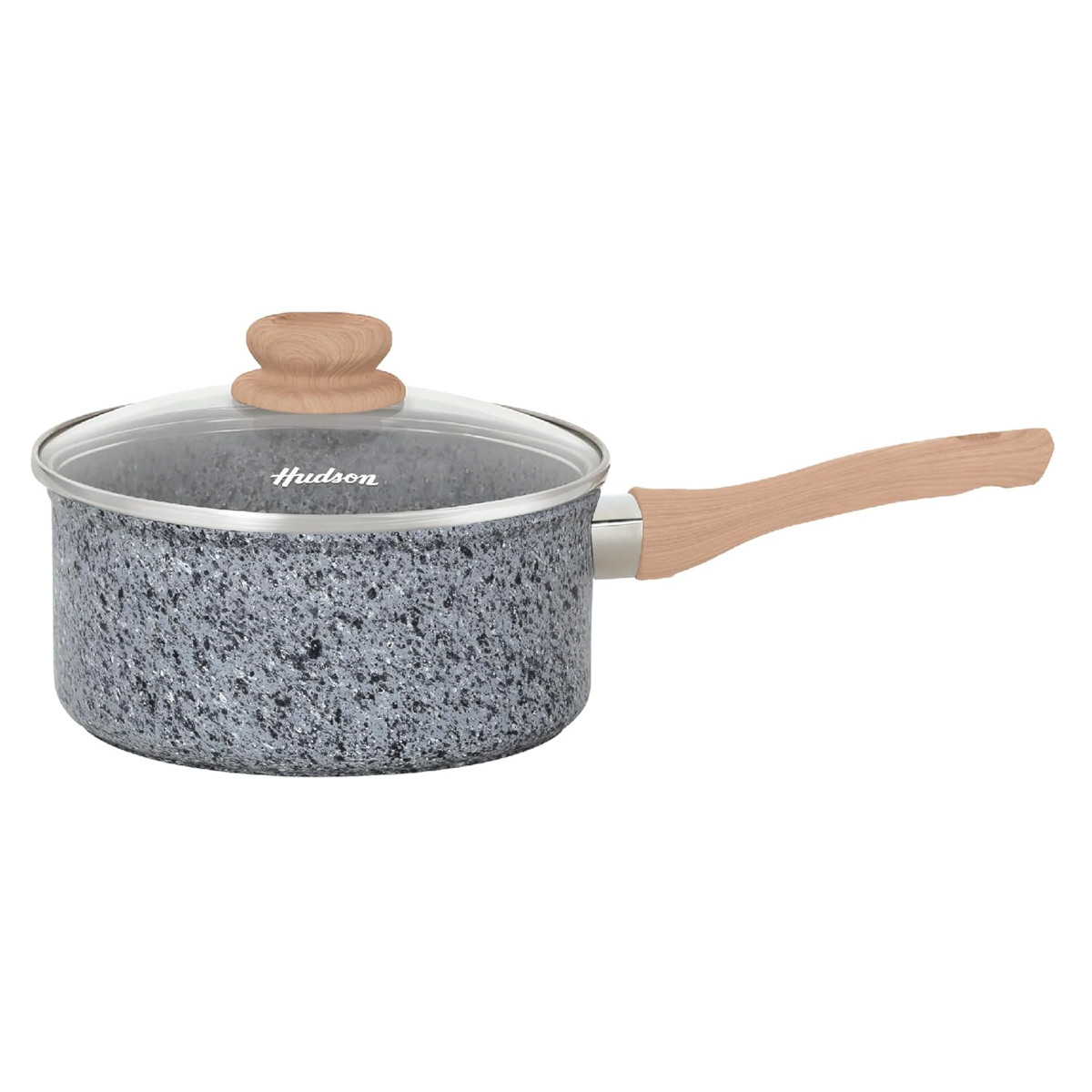 Olla HUDSON 20cm Aluminio Forjado espesor 4mm Antiadherente Granito con tapa cristal y cucharon nylon.