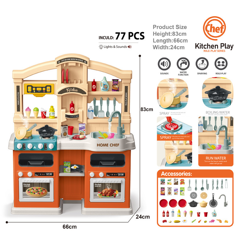 Cocina de Juguete para Niños 77pz Sonido,Agua,Vapor,Luz,Micro Hornito - Naranja.