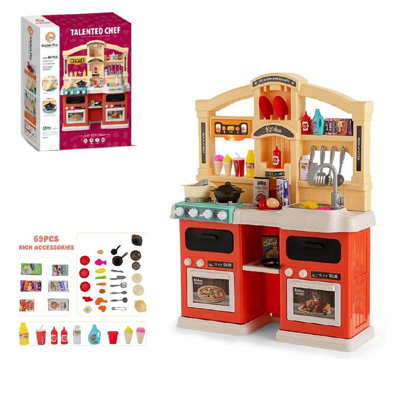Cocina de Juguete para Niños 77pz Sonido,Agua,Vapor,Luz,Micro Hornito - Naranja.