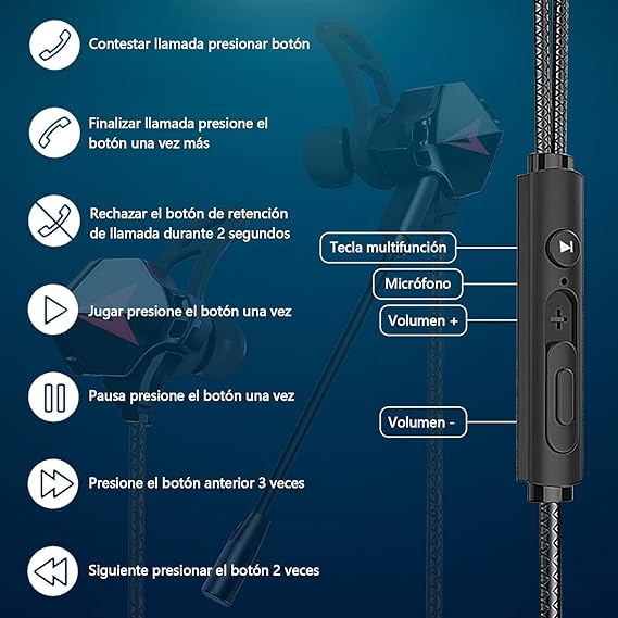 Audífonos Gaming Inear, Auriculares Gaming Con Cable, Con Micrófono Dual Desmontable, Para Juegos Móviles, Compatibles Con Nintendo Switch, Ps4, Ps5, Xbox One, Xbox X, Celulares, Tablets, Laptops, Etc