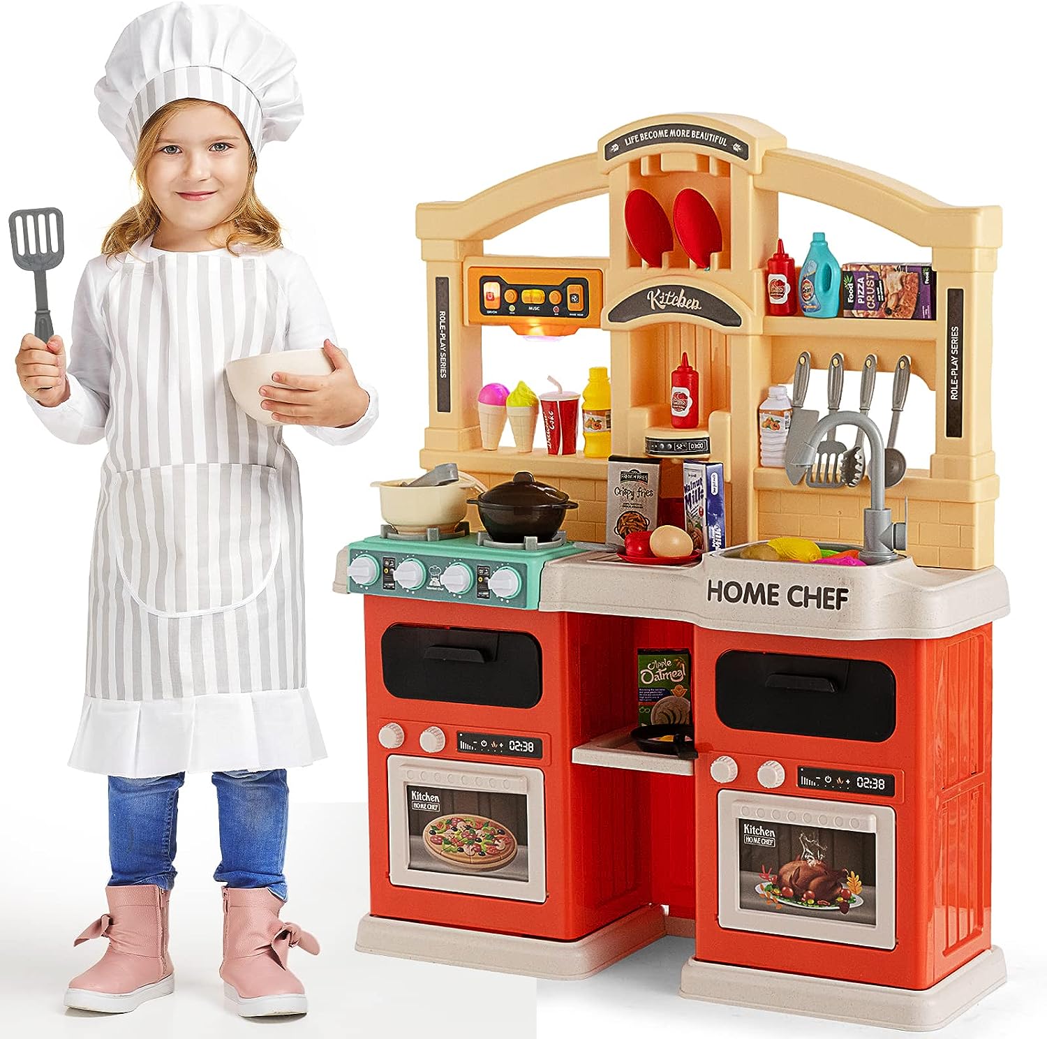 Cocina de Juguete para Niños 77pz Sonido,Agua,Vapor,Luz,Micro Hornito - Naranja.