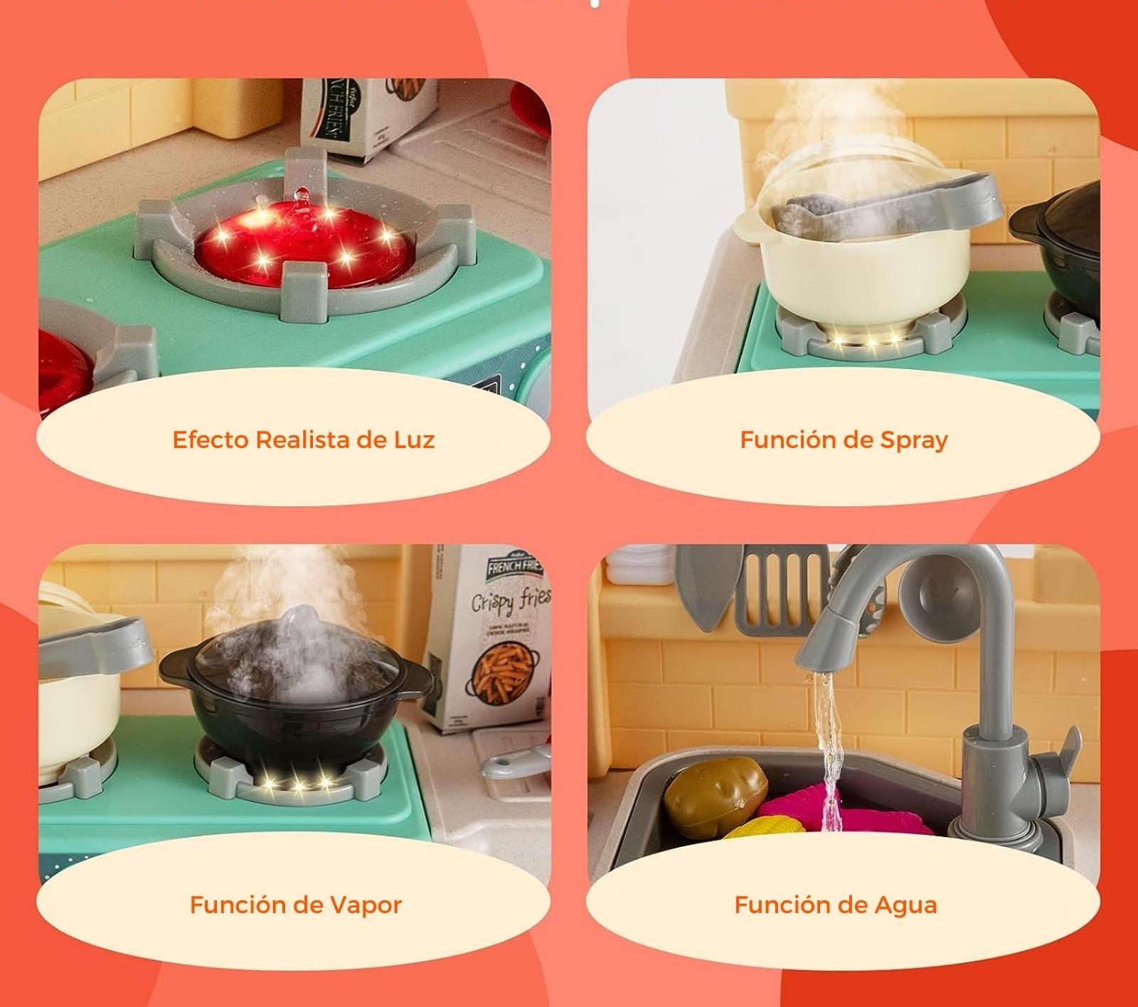 Cocina de Juguete para Niños 77pz Sonido,Agua,Vapor,Luz,Micro Hornito - Naranja.