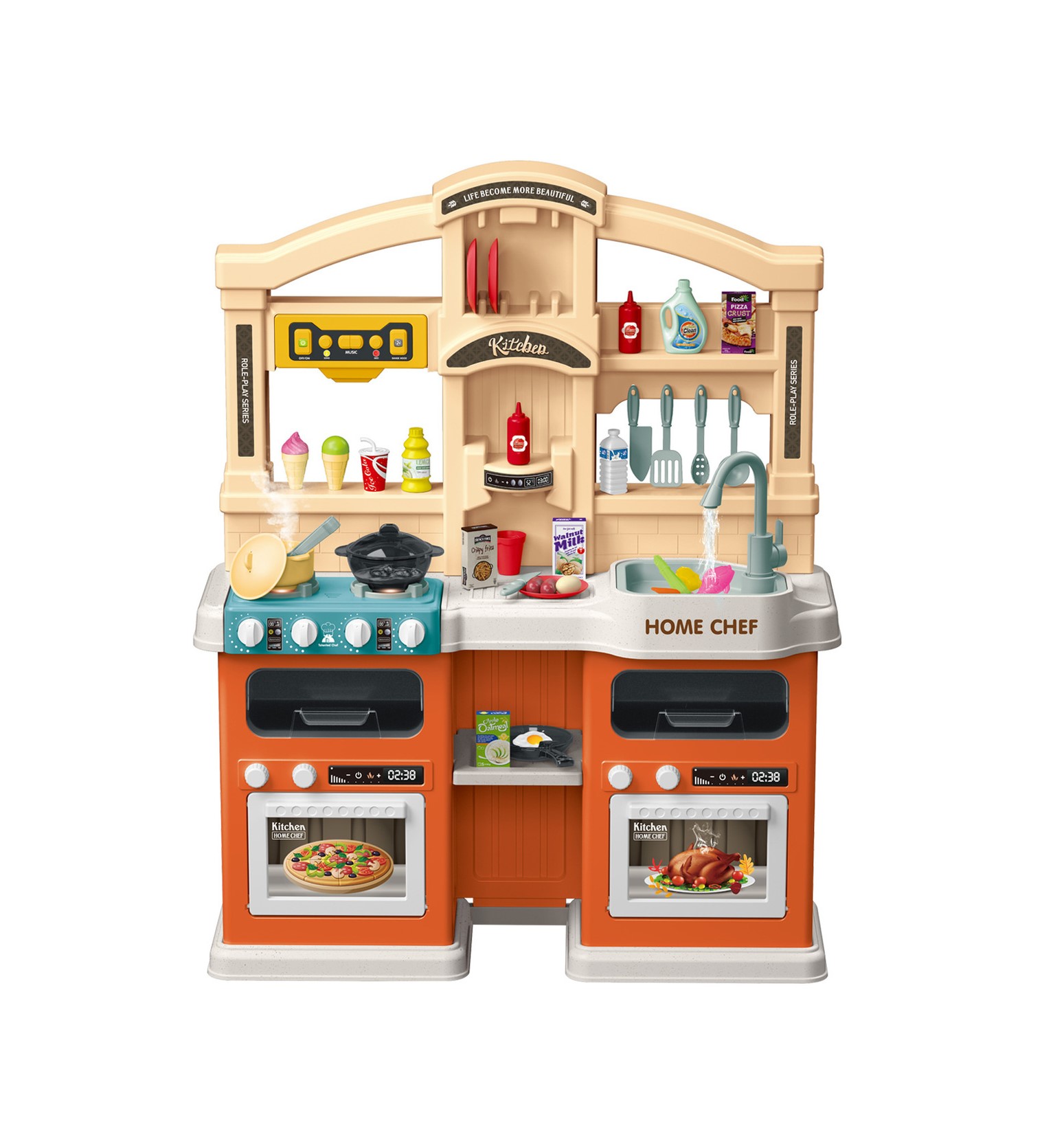 Cocina de Juguete para Niños 77pz Sonido,Agua,Vapor,Luz,Micro Hornito - Naranja.
