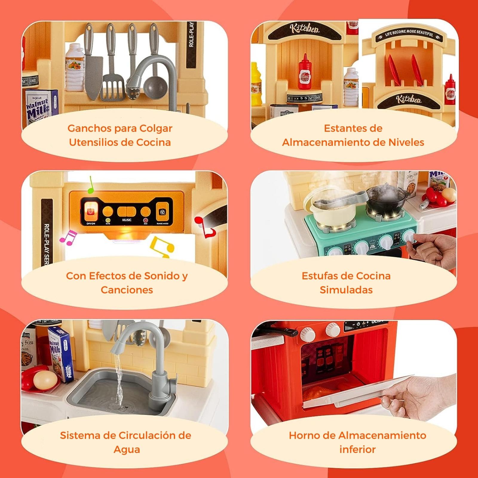 Cocina de Juguete para Niños 77pz Sonido,Agua,Vapor,Luz,Micro Hornito - Naranja.