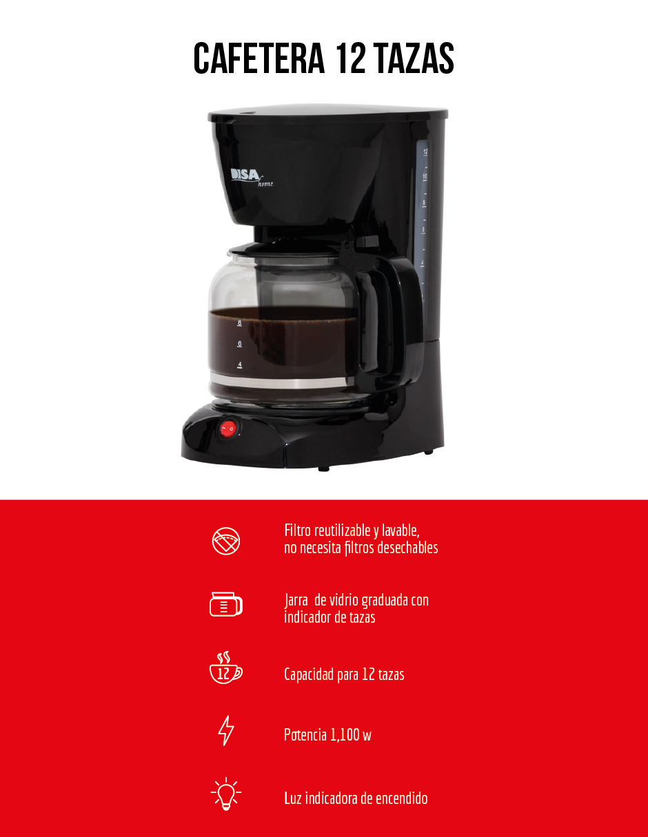 Cafetera Disa Home 12 Tazas Sistema Antigoteo Con Filtro 