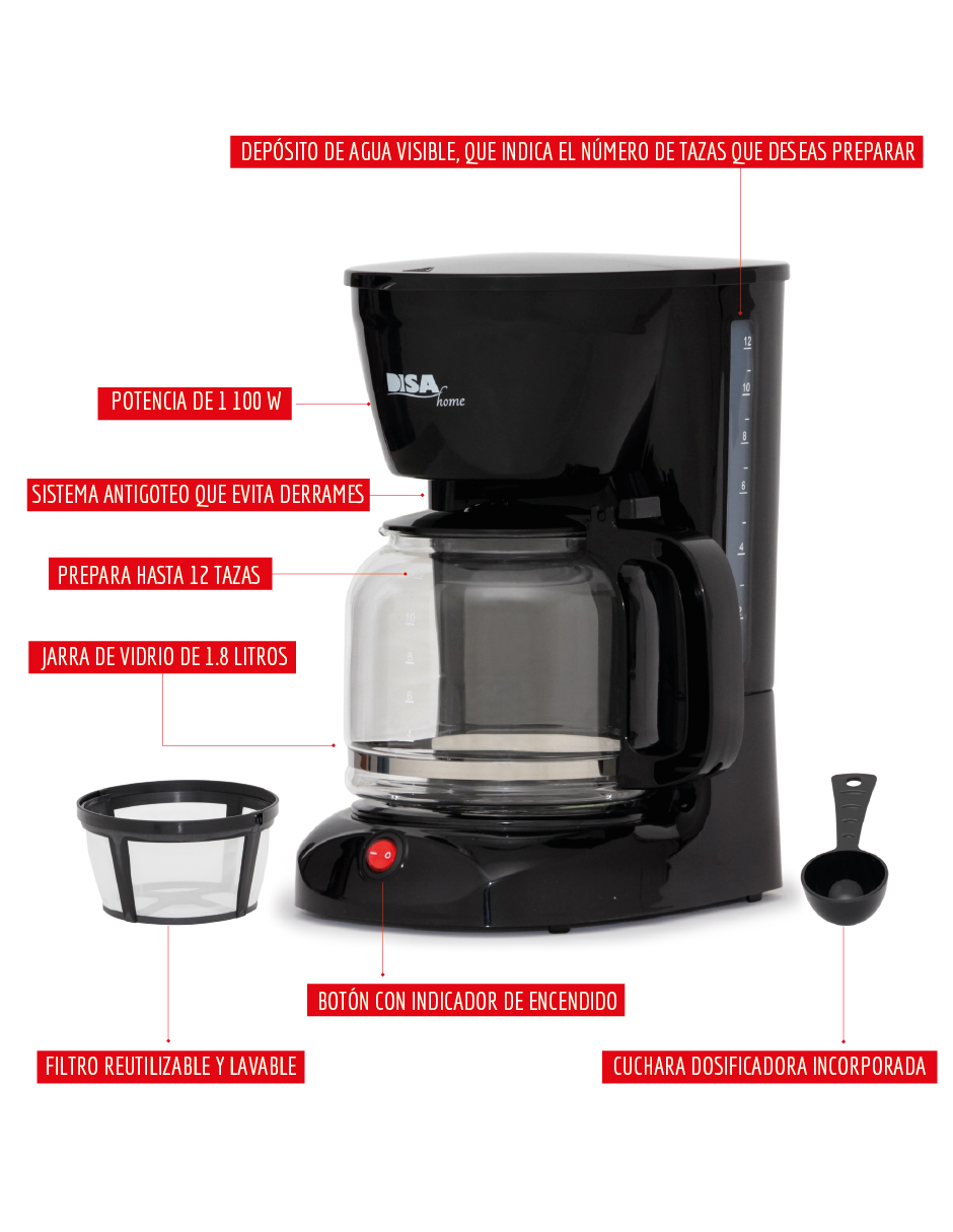 Cafetera Disa Home 12 Tazas Sistema Antigoteo Con Filtro 