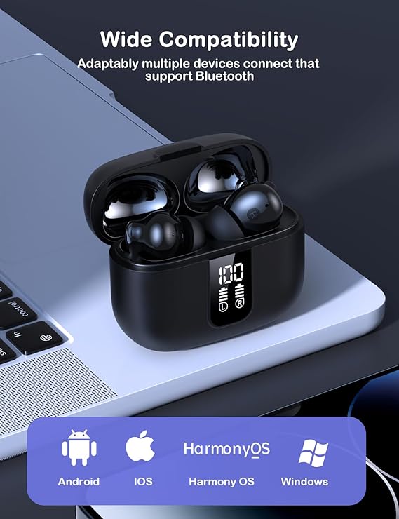 PHOCAR Audifonos Inalambricos con Pantalla Digital LED, Estéreo Sonido y Cancelación de Ruido, Audifonos Bluetooth con Batería Duradera, Audífonos Compatible con iPhone, iPad, MacBook, Xiaomi, Samsung