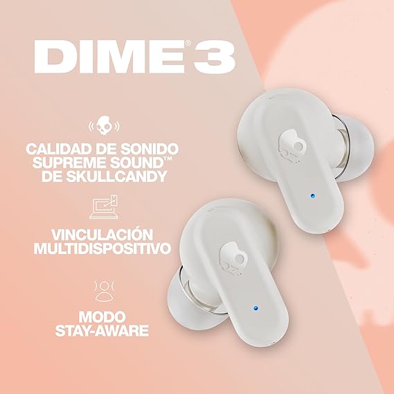 Skullcandy Dime 3 Auriculares In-Ear Inalámbricos, 20 h de Autonomía, Micrófono, Compatibles con iPhone Android y Dispositivos Bluetooth, Blanco.