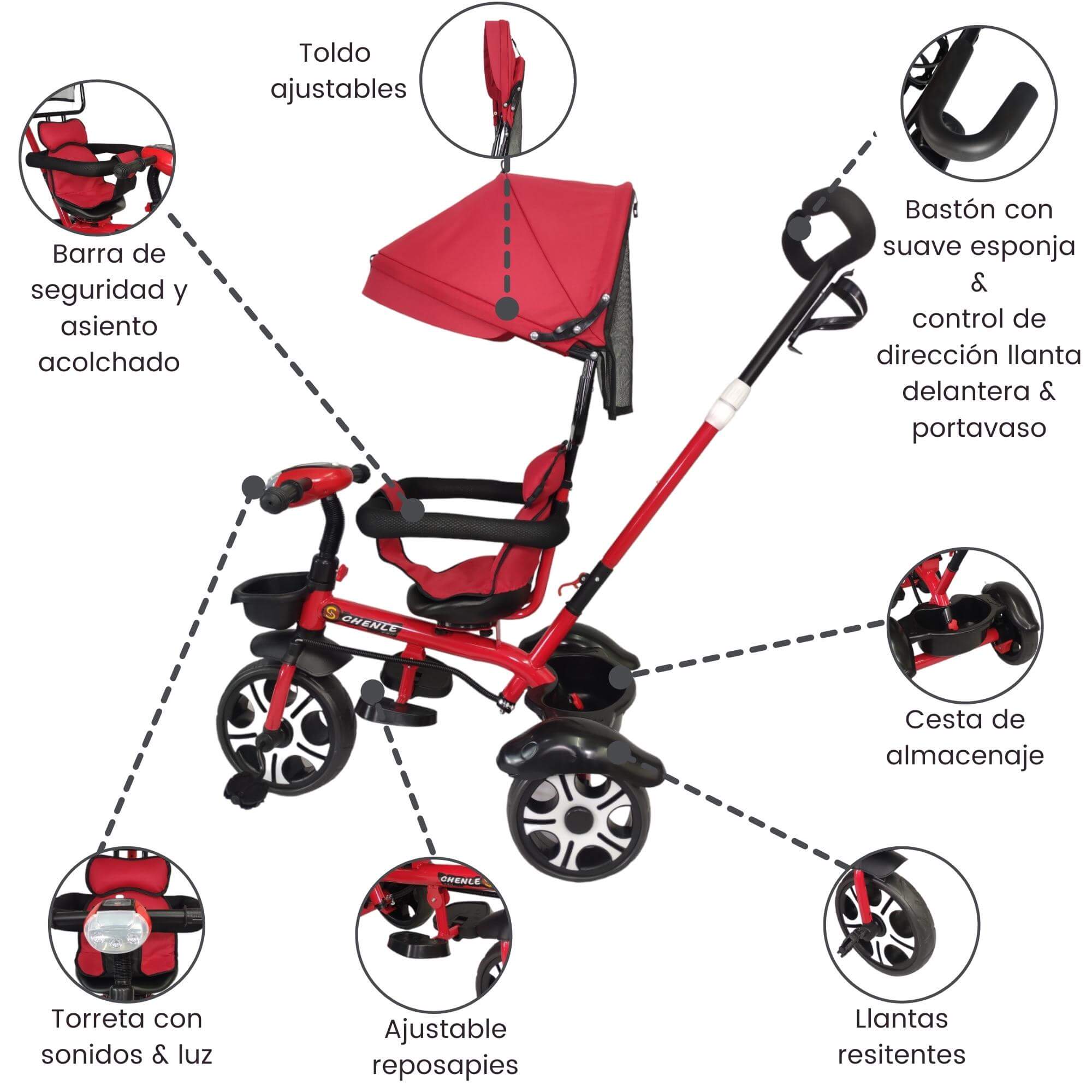 Triciclo Evolutivo para Niños Asiento Giratorio 360 Luz Capota  - Rojo.