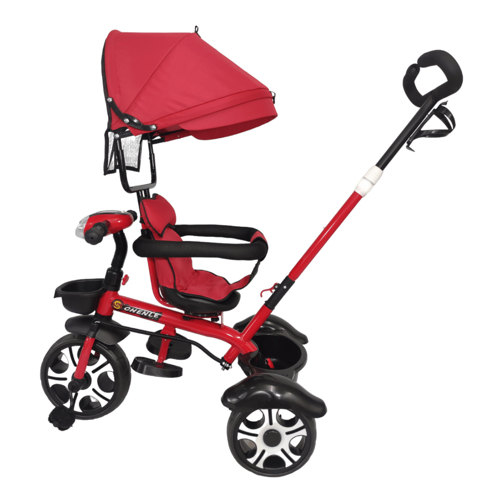 Triciclo Evolutivo para Niños Asiento Giratorio 360 Luz Capota  - Rojo.